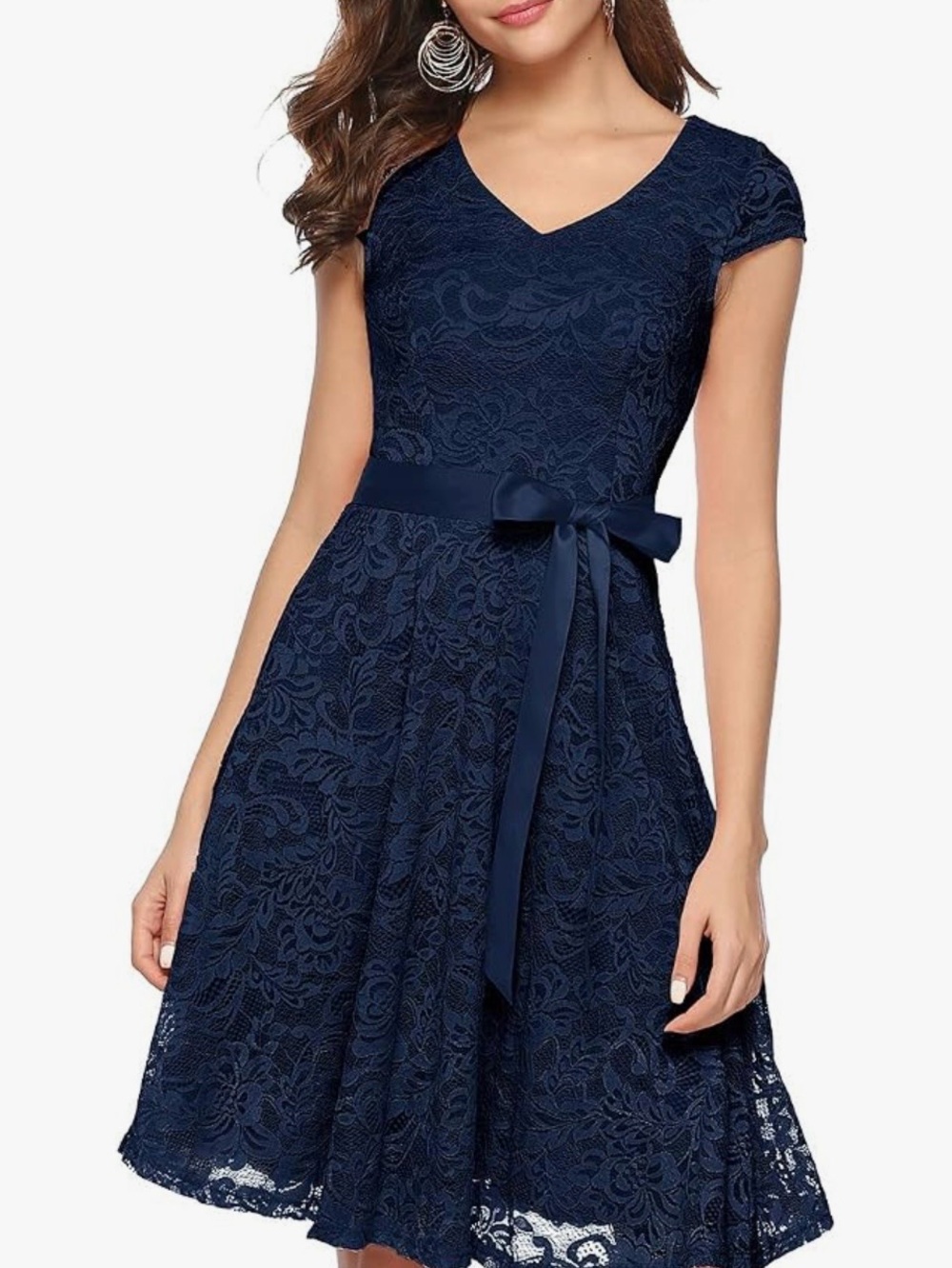 Berylove size XS Navy Lace Fit-and-Flare Dress with Ribbon Waist